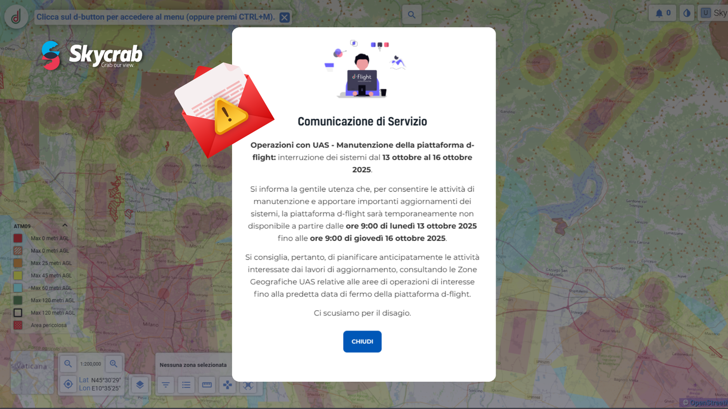 Manutenzione programmata su d-flight: cosa cambia per i piloti e operatori UAS dal 13 al 16 ottobre 2025